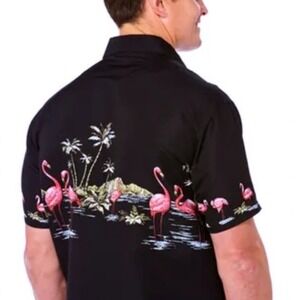 Lowes Flamingo Hawaiian Button Up Shirt Men's Large Black Beach Resortwear Party